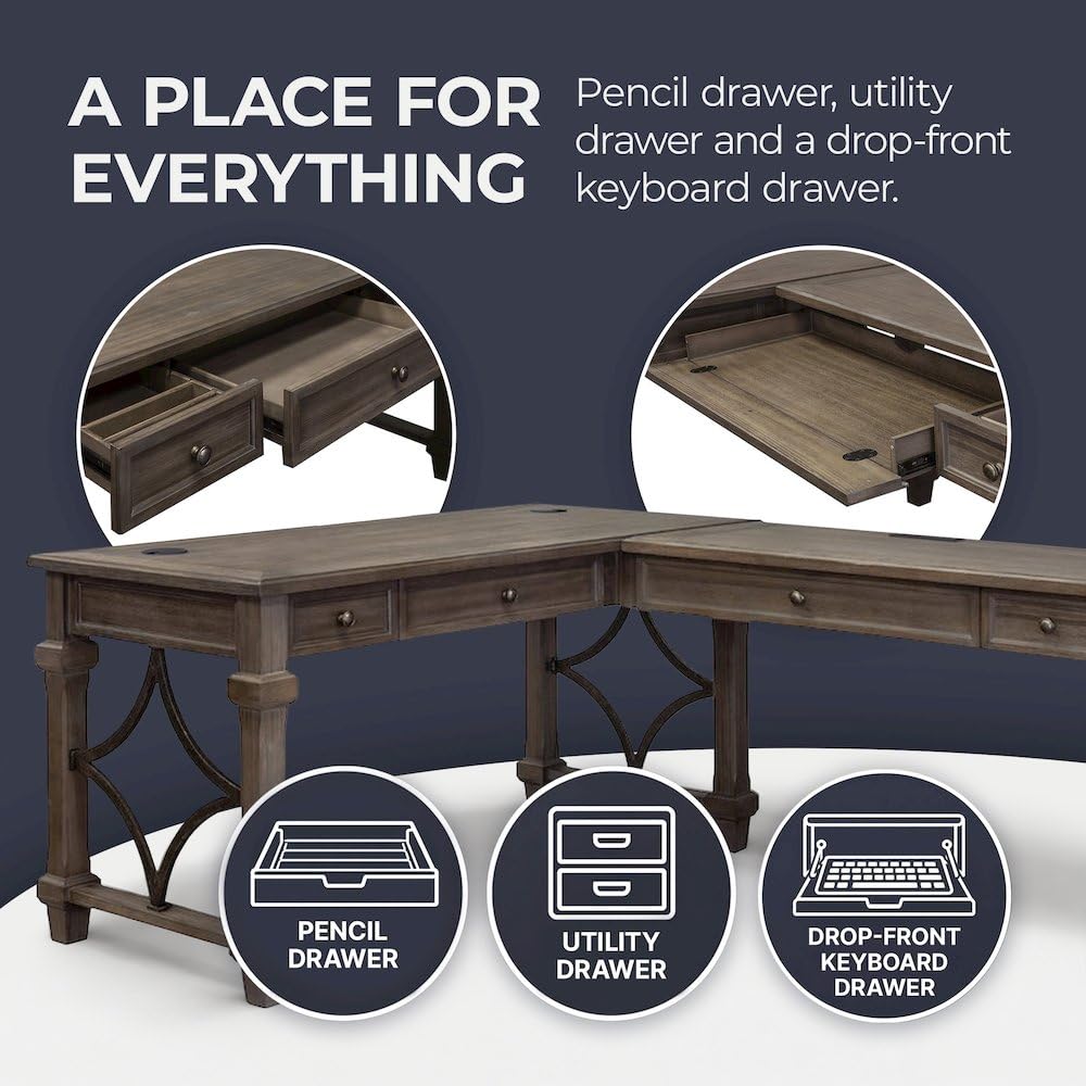 Martin Furniture Desk with Return and Drawers, Open L-Shape, Weathered Gray