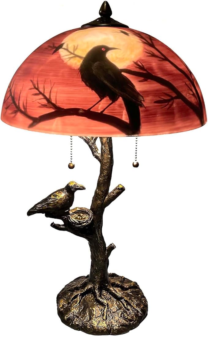 Ravens & Full Moon Hand-Painted Glass Table Lamp
