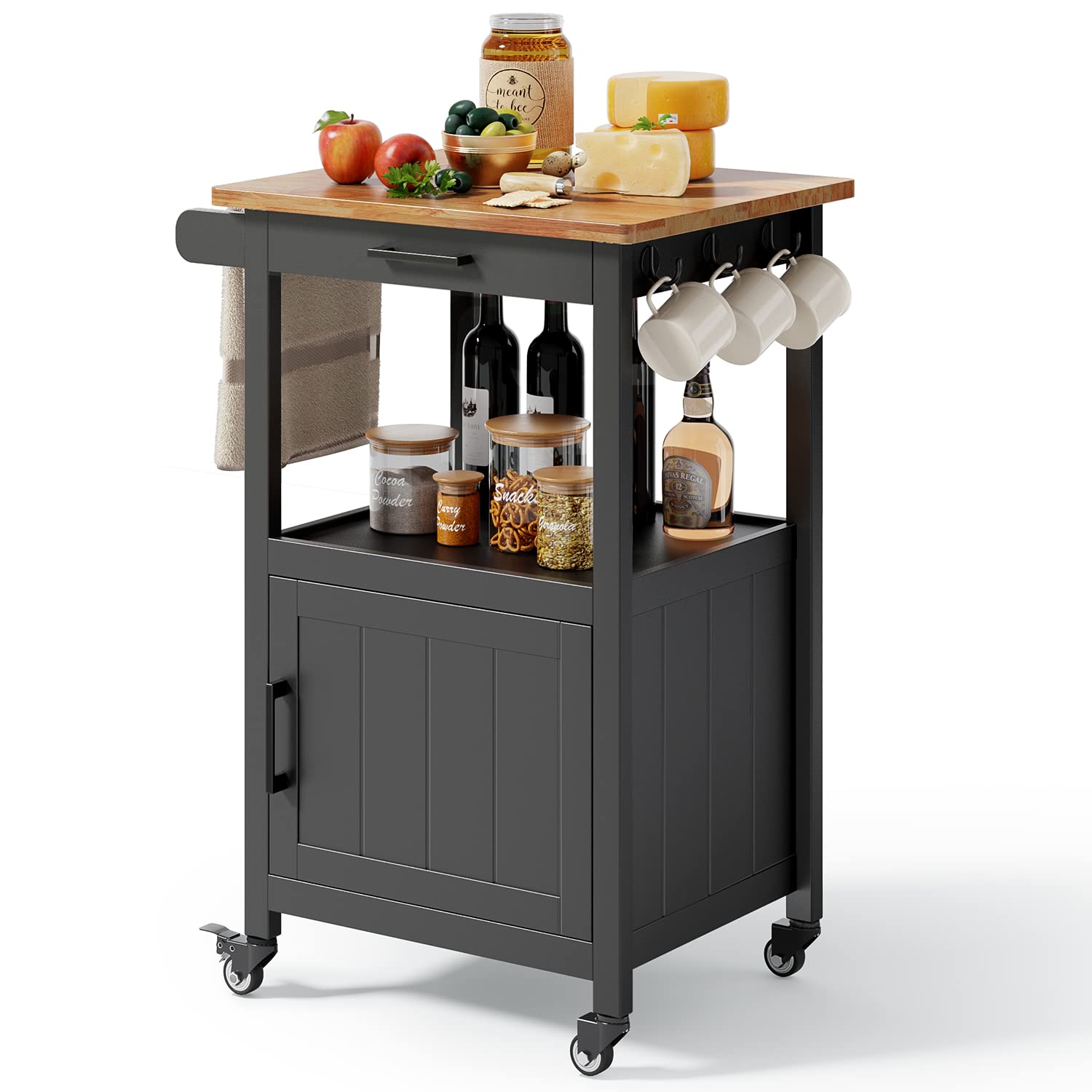 Qsun Kitchen Island on Wheels with Drawer, Storage Cabinet, Shelf and Side Hook, Rolling Kitchen Cart with Rubber Wood Countertop, Microwave Cart for Small Space, Black