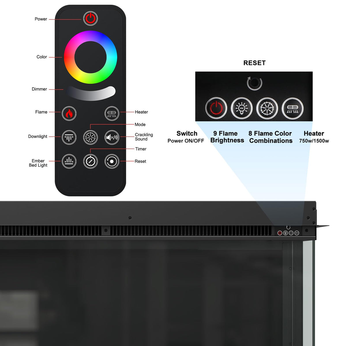 80 Inch 3 Sided Electric Fireplace, Smart Linear Fireplace Heater with 3D Realistic Flames/Ember/Ambient, LED Color Cycle, Timer, Crackling Sound, 1500W/750W, Recessed