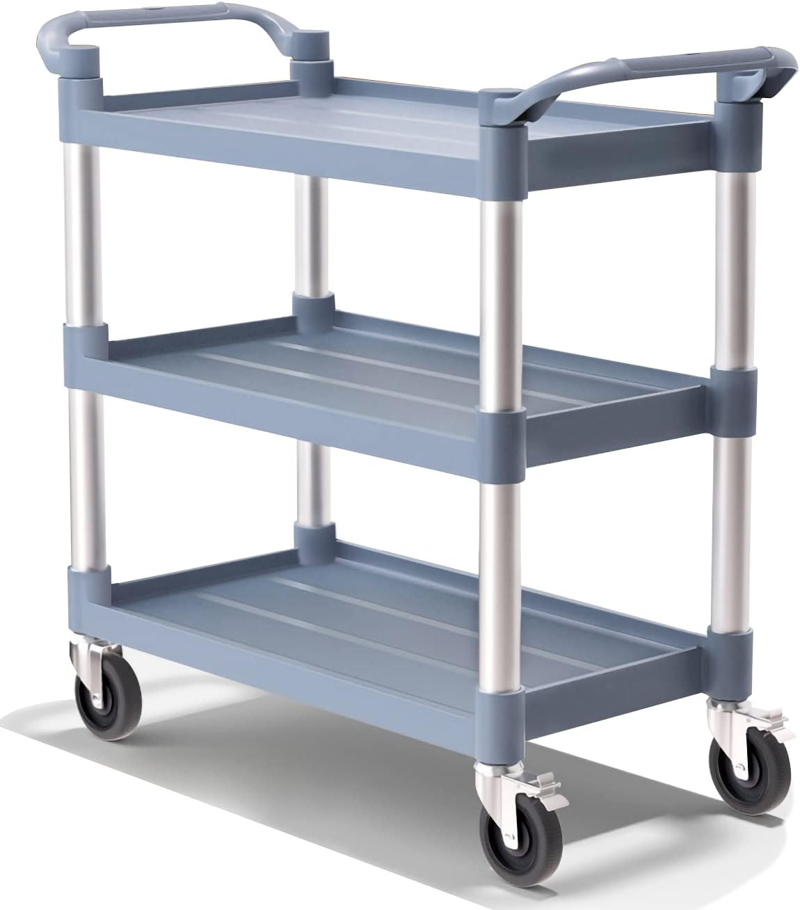 BRLJUNEO Plastic Utility Carts with Wheels, 3-Tier Large Size Restaurant Food Cart, Heavy Duty 600lbs Capacity Rolling Service Cart w/Hammer for Commercial, Kitchen, Office (Lockable Wheels, L-Grey)