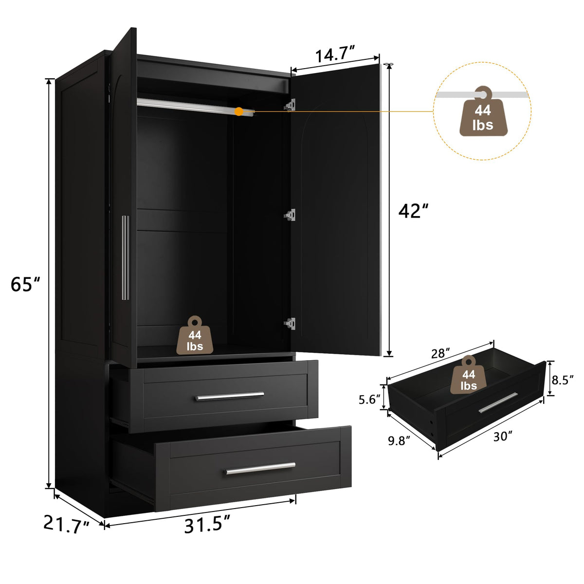 Black Armoire Wardrobe with Drawers
