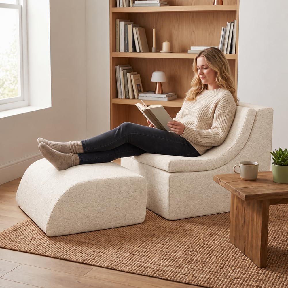NeoNook 3-in-1 Convertible Chaise Lounge Chair with Curved Back, Chenille Armless Boneless Floor Sofa, Comfortable Lazy Chair Reading Chair for Bedroom, Living Room (White)