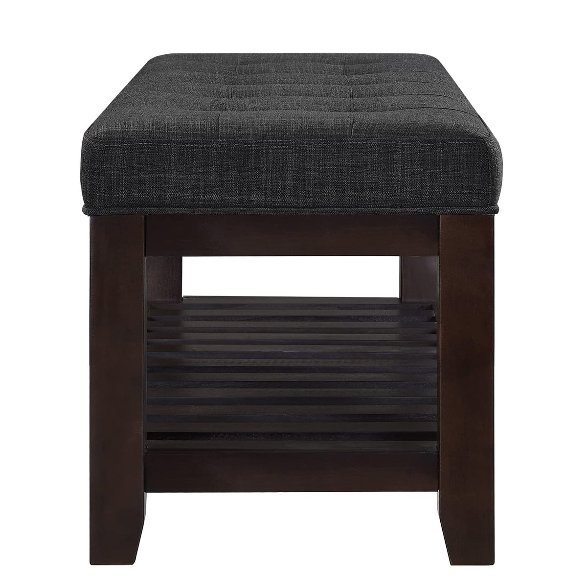 Tufted Linen Bench with Shelf
