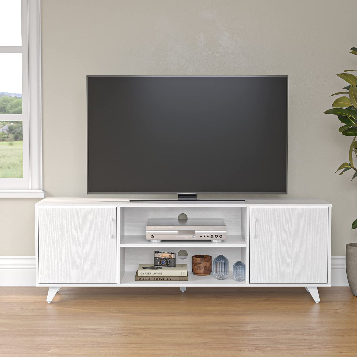 Panana TV Stand for 55 60 65 70 inch TV, Modern Mid Century Entertainment Center Media Console Table with 2 Doors 2 Shelves for Living Room, 63" x 15" x 21.6" (White)