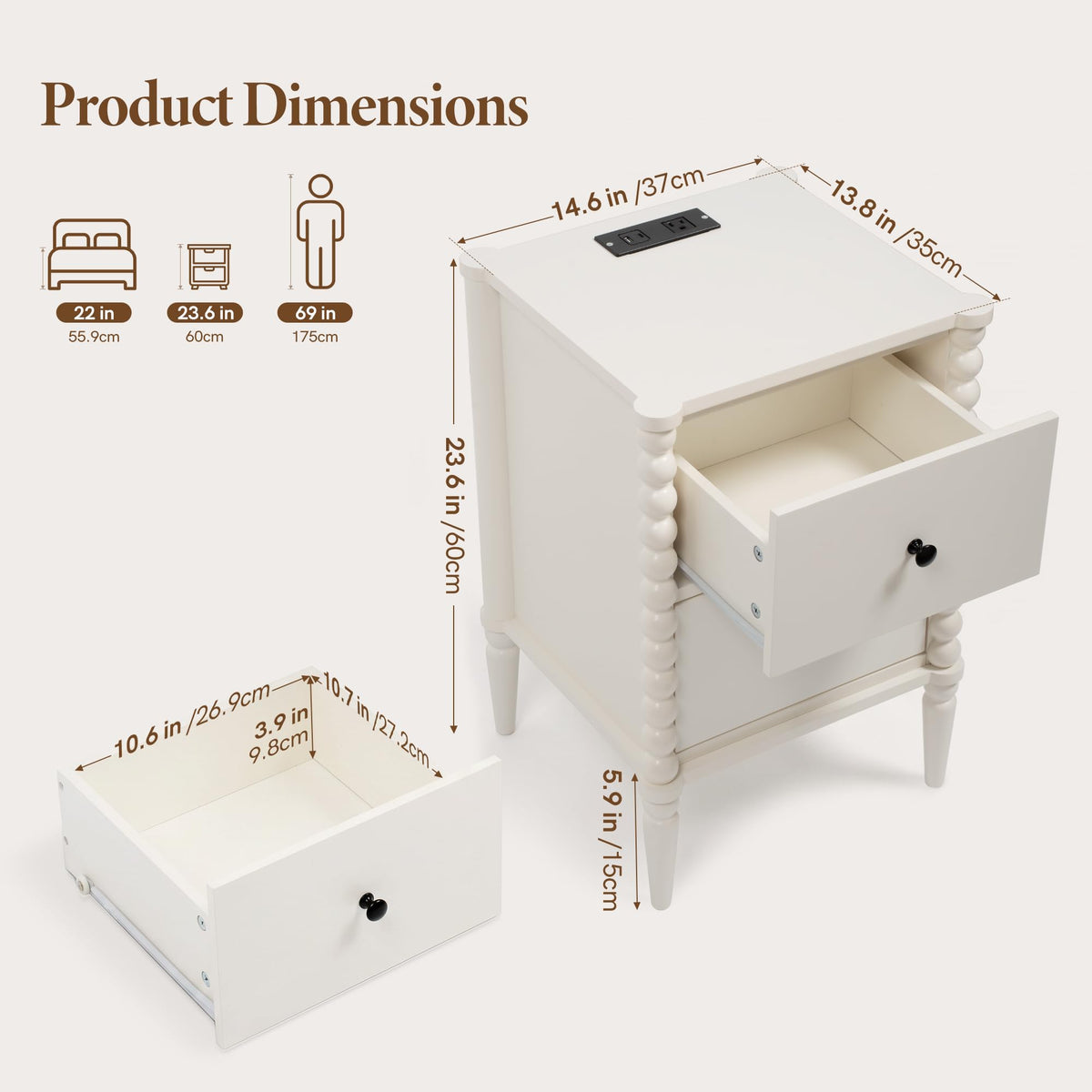 White Charging Nightstand with 2 Drawers