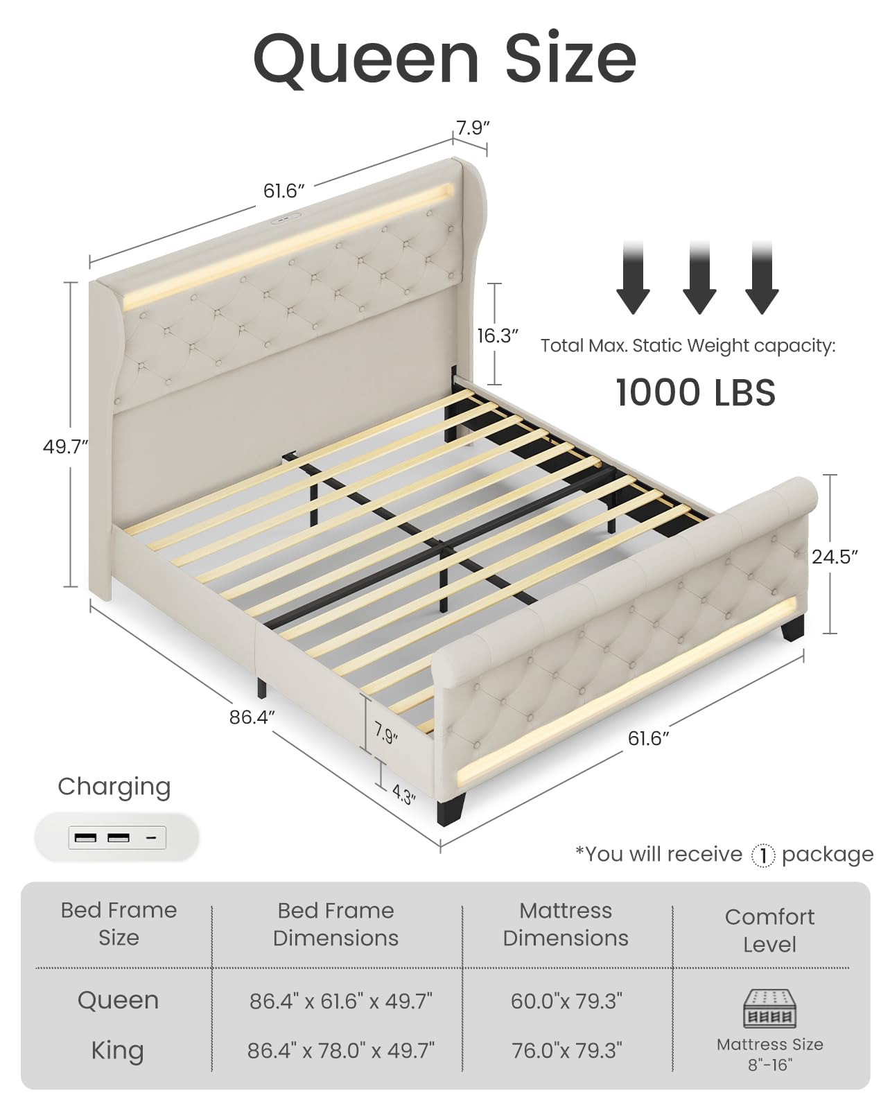 Upholstered Velvet Platform Bed Frame with LED Lights & Charging Ports