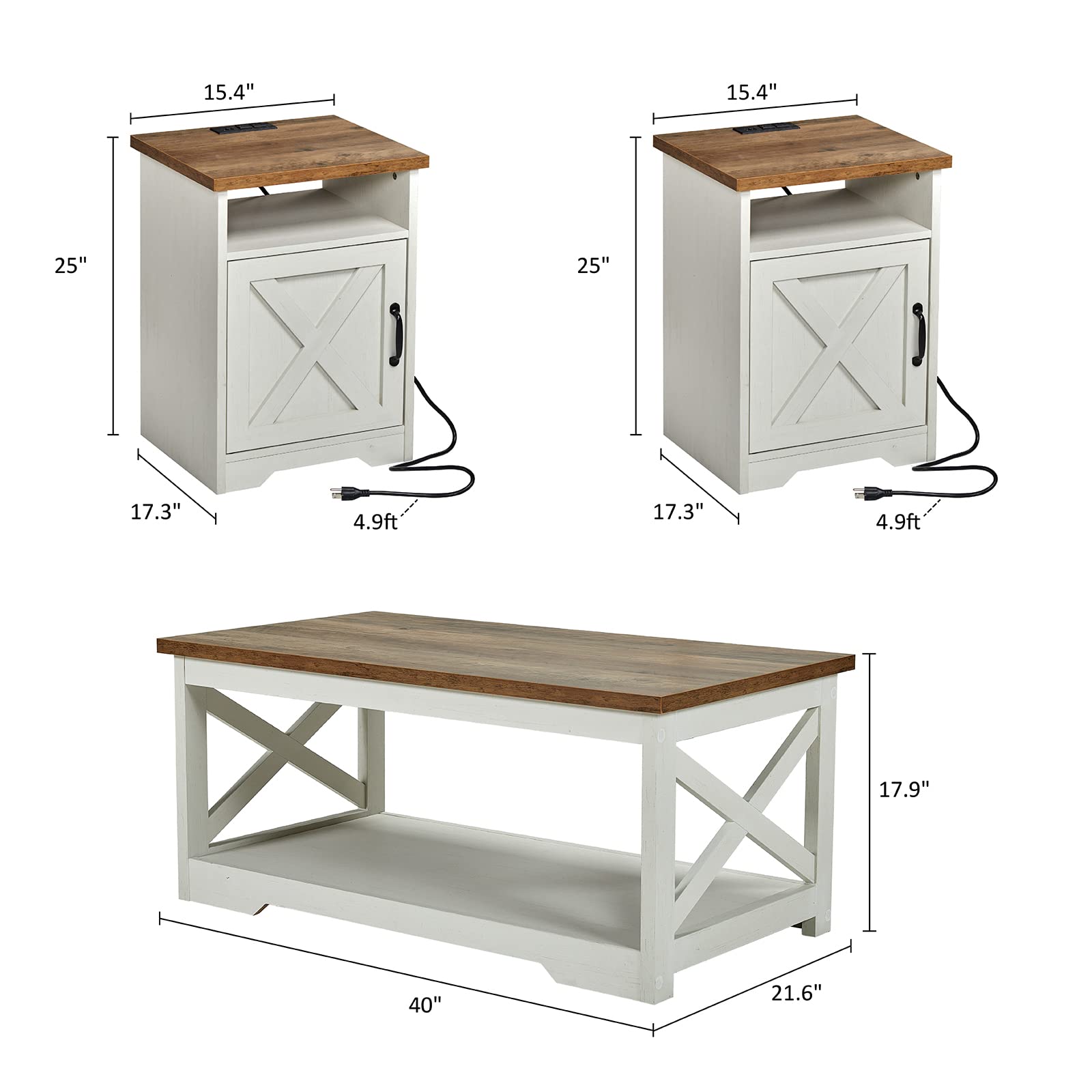 Farmhouse 3-Piece Coffee Table Set with Charging Station