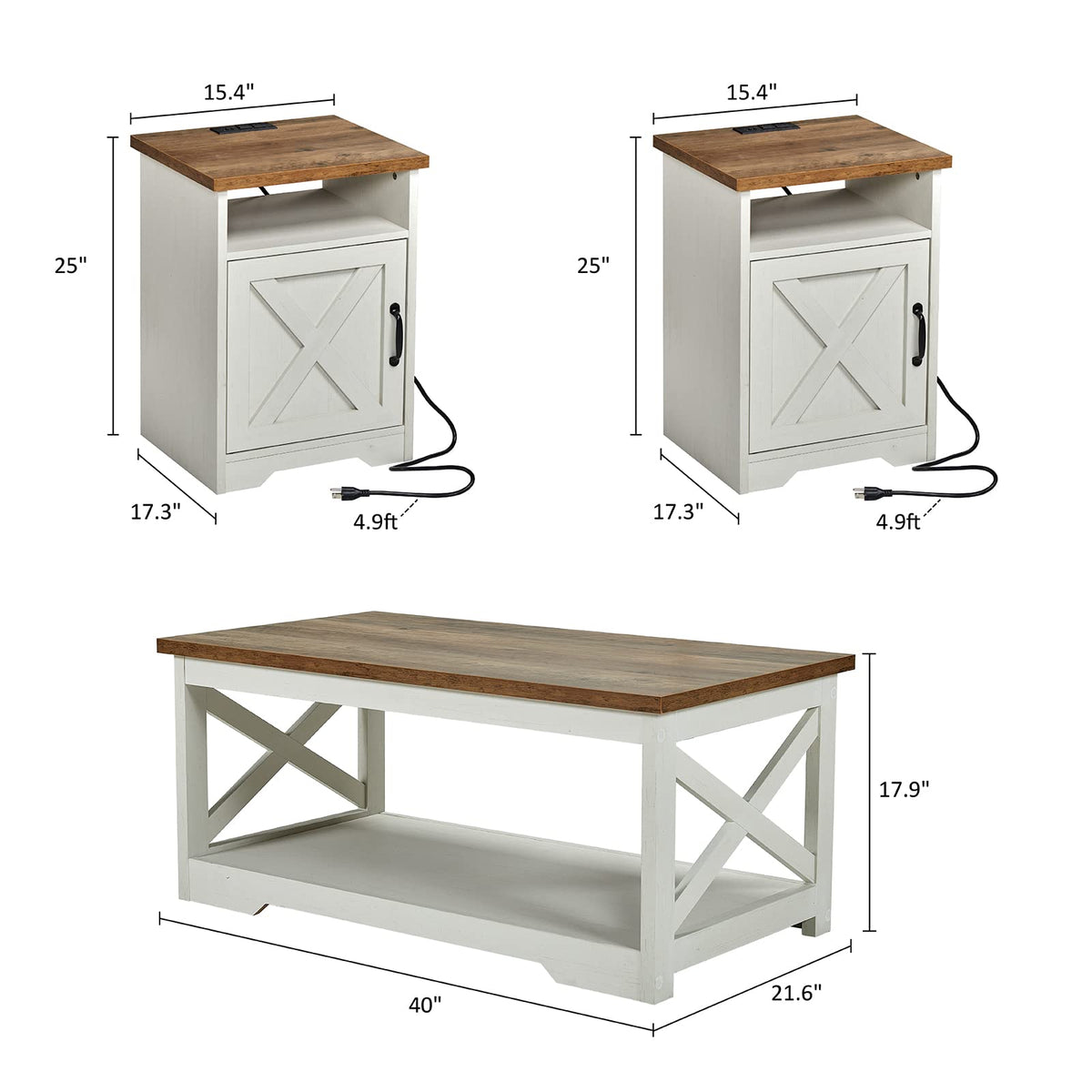 AMERLIFE 3 Piece Farmhouse Living Room Coffee Table Set, Distressed White