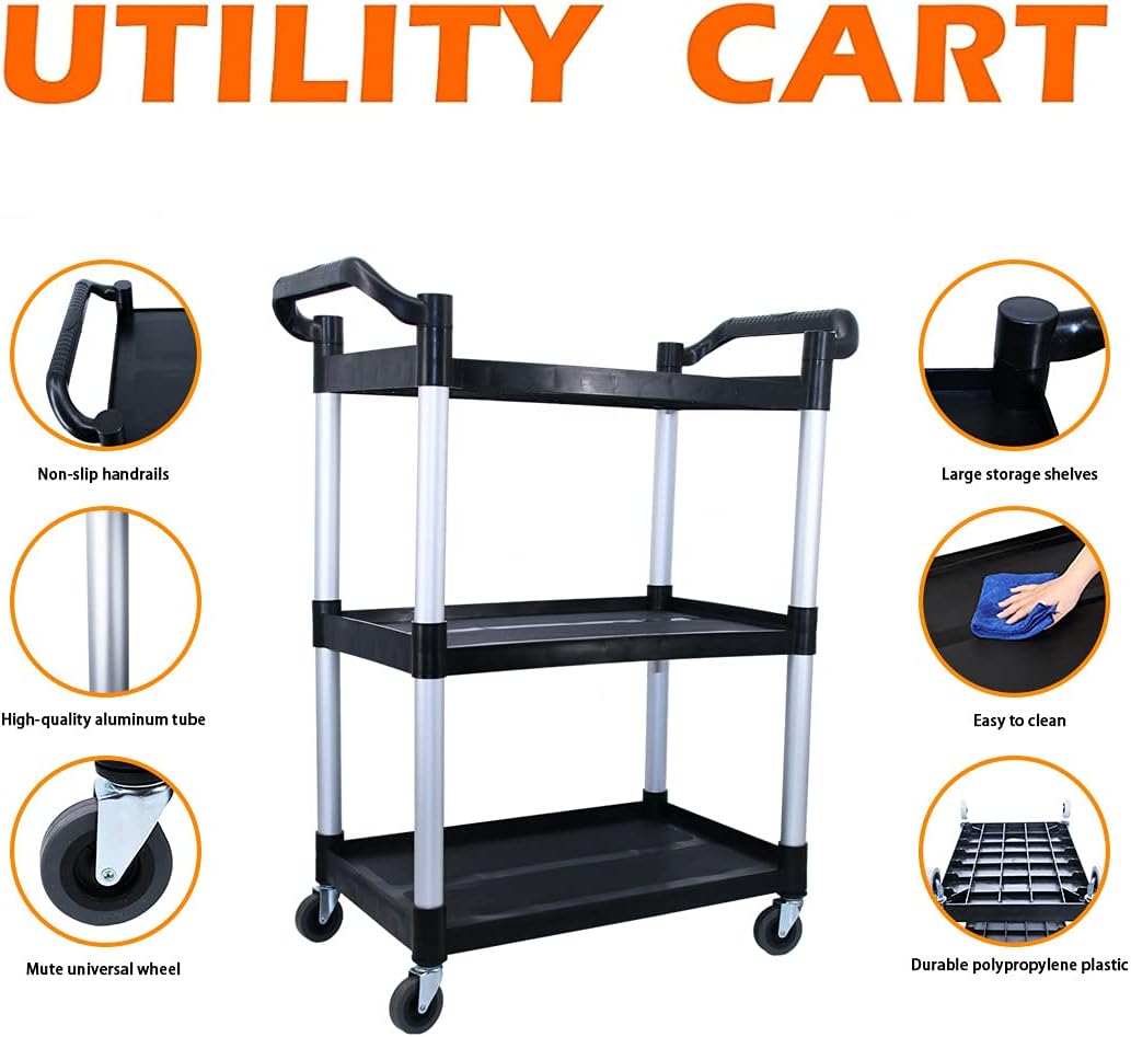Abacad Plastic Utility Cart with Wheels Lockable, Heavy Duty Restaurant Cart, Service Cart for/Home/Office/Warehouse/Kitchen/Workshop,390 Lbs,2 Handles, Black.