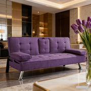 Purple Futon Sofa Bed with Cup Holders