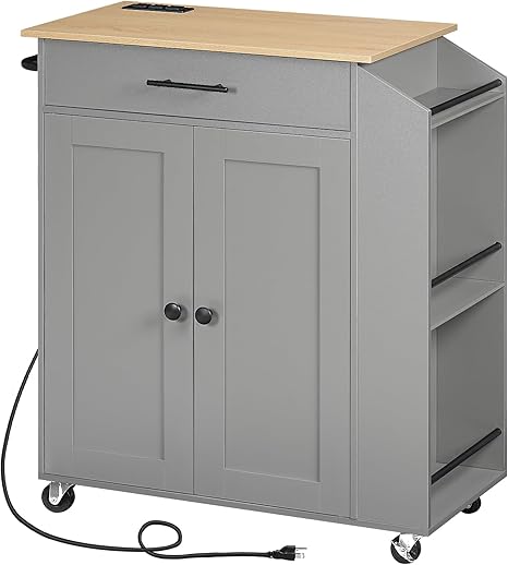 Rolling Kitchen Island with Storage, Spice Rack & Charging Station