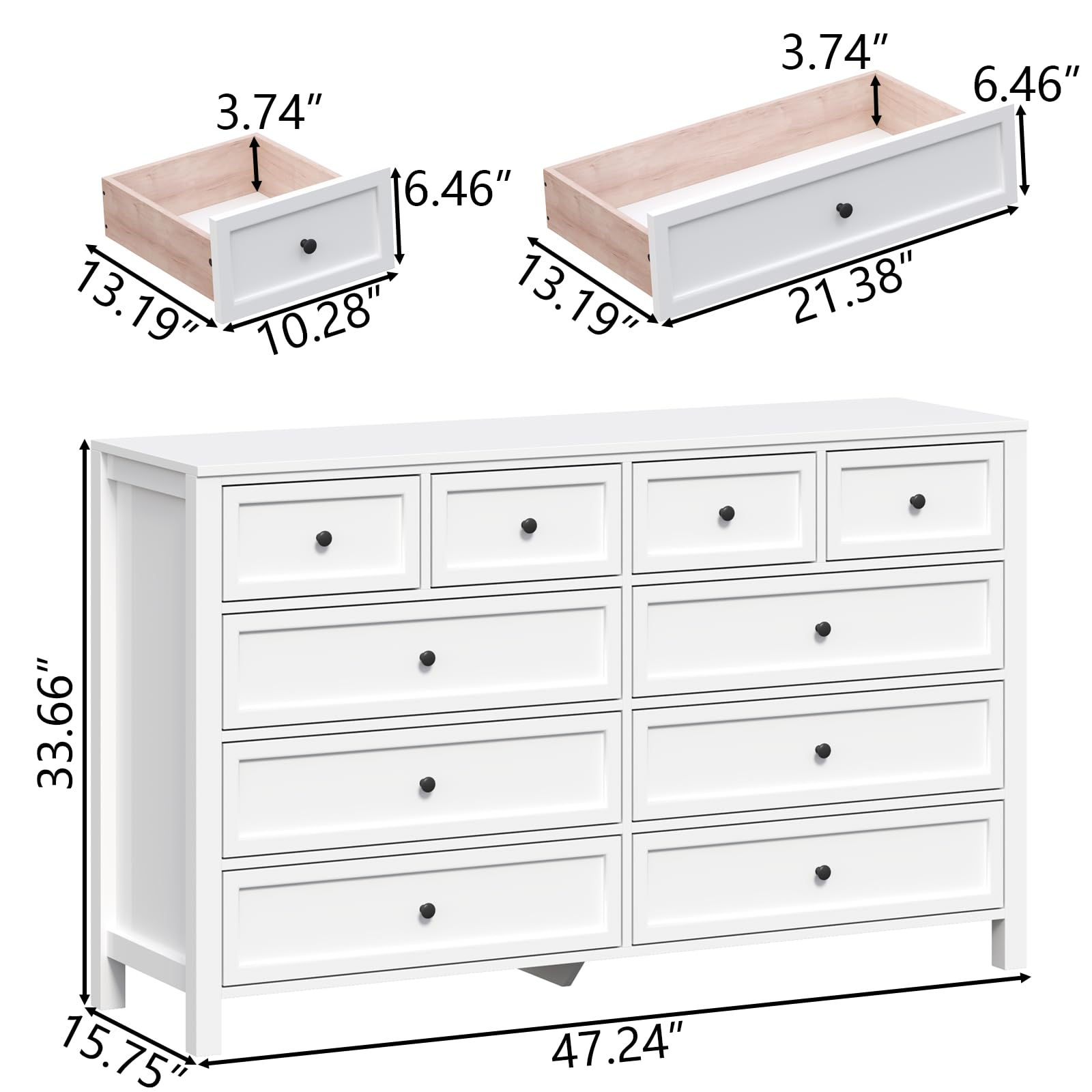 Farmhouse 10 Drawers Dresser for Bedroom, White Dresser Chest of Drawers, Wood Storage Dressers with Deep Drawers and Metal Handle, Wide Modern Dressers & TV Stand for Living Room, Closet, Hallway