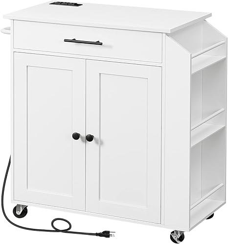 Rolling Kitchen Island with Storage, Spice Rack & Charging Station