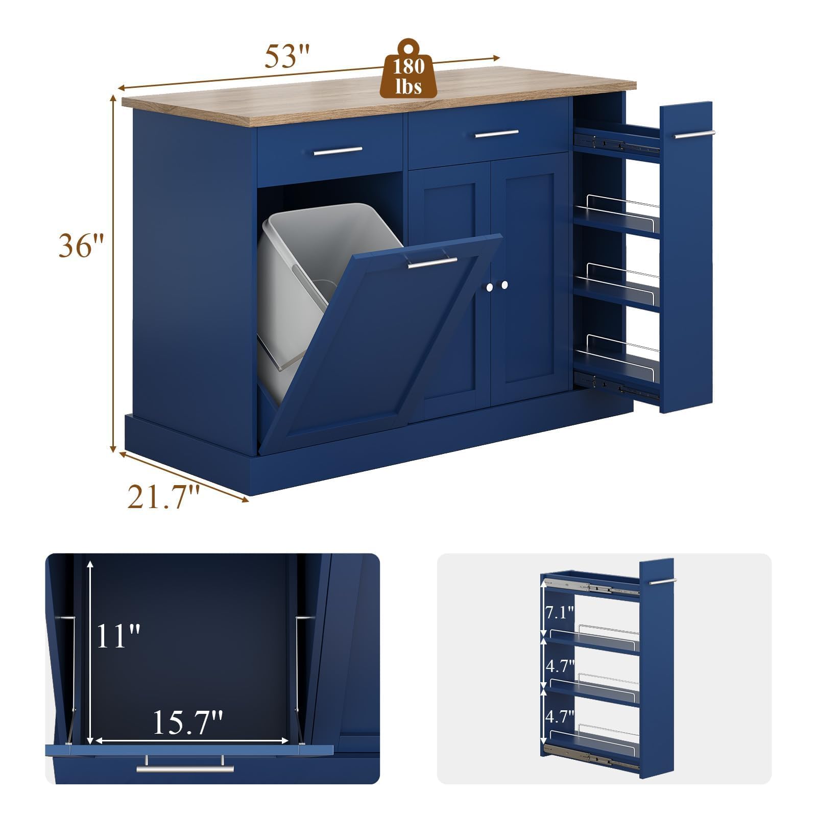 4 EVER WINNER 53" Rolling Kitchen Island with Trash can Storage, Kitchen Island Cart with 3-Tier Spice Rack, Island Table for Kitchen with Adjustable Shelves, Blue