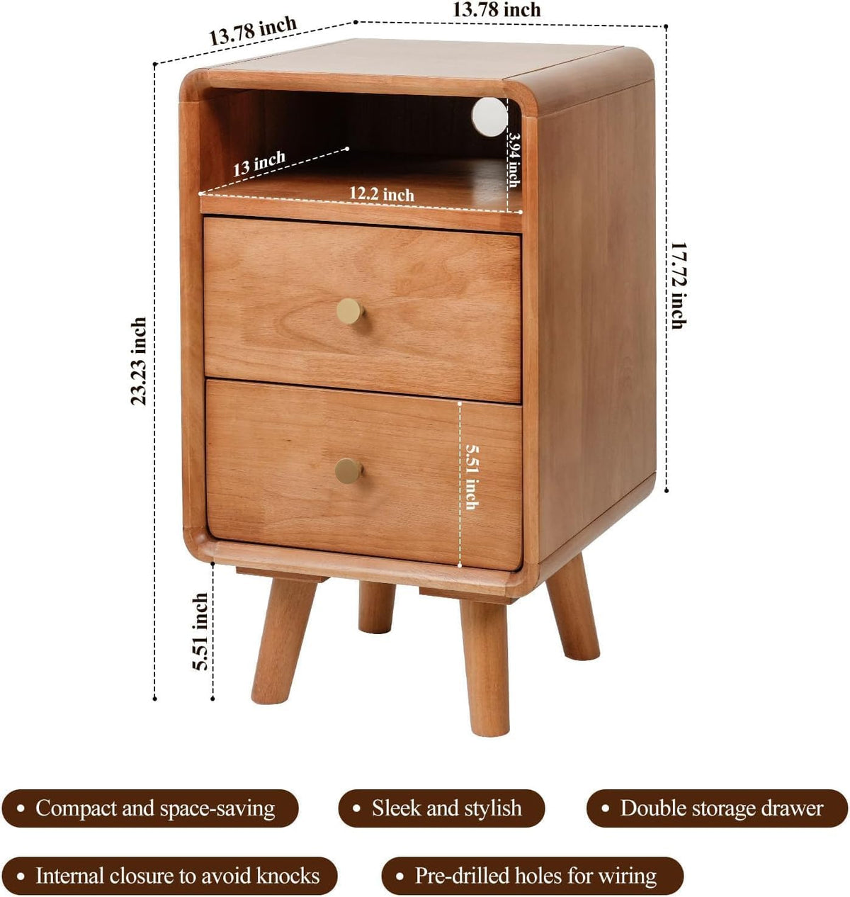 Solid Wood 2-Drawer Nightstand