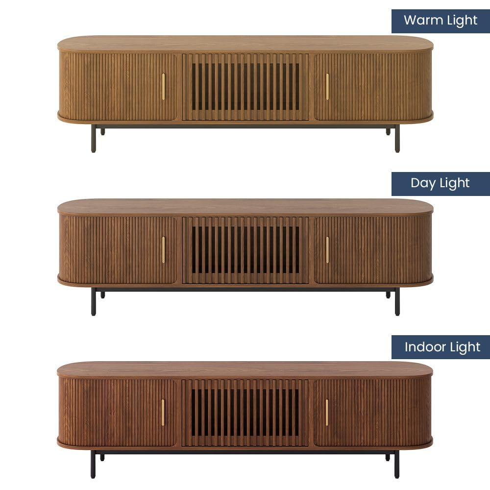 POVISON Fully-Assembled Sliding Tambour Door TV Stand with LED Lights, Mid Century Modern TV Console, Wood Media Console, Entertainment Center with Storage Cabinet(Walnut, 78.74")
