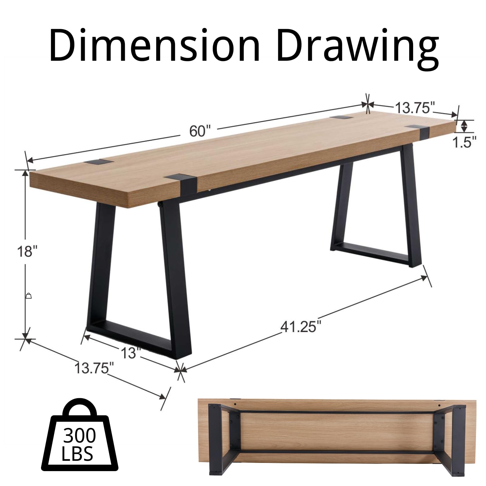 HNY 60" Entryway Bench Wood Dining Bench Bedroom Bench Modern Minimalist Long Slatted Bench for Living Room Hallway, Sturdy Solid Wood with Black Metal Leg Seating for 4-6 People, Natural Finish
