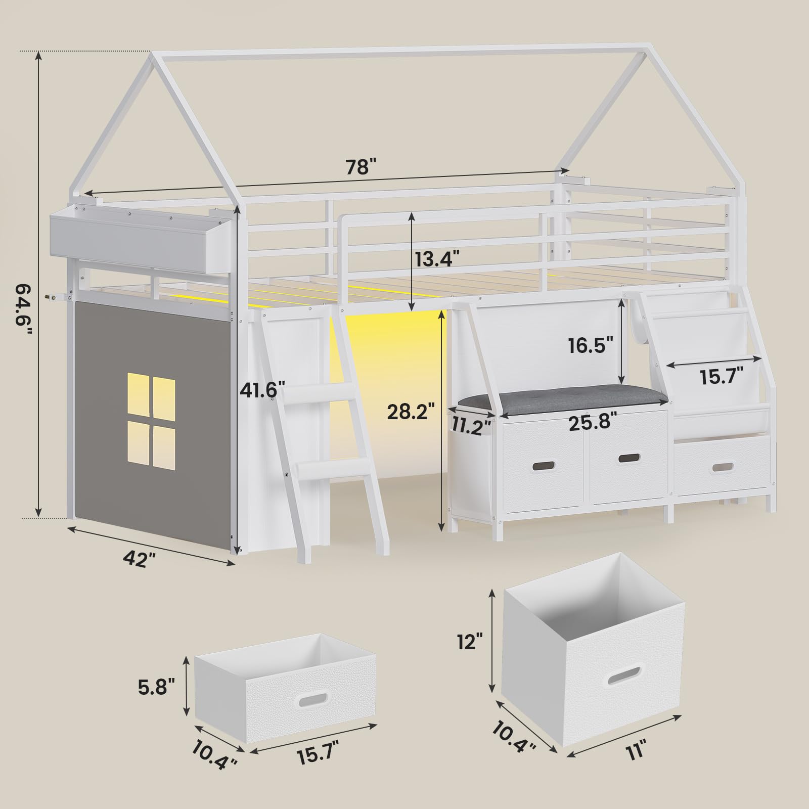 ADORNEVE Low Loft Bed Twin Size with Bookshelf, Reading Nook, LED Kids Loft Bed with 3 Drawers, Under-Bed Play Space, House Loft Beds with Safety Guardrail, Inclined Ladde & Play Curtain, White