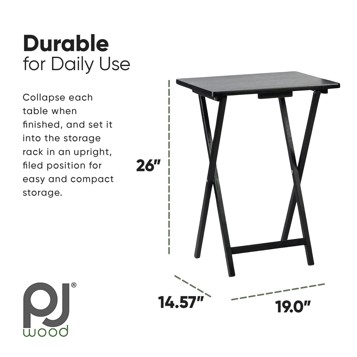 PJ Wood - Folding TV Tray Tables - Solid Wood Black, Set of 7