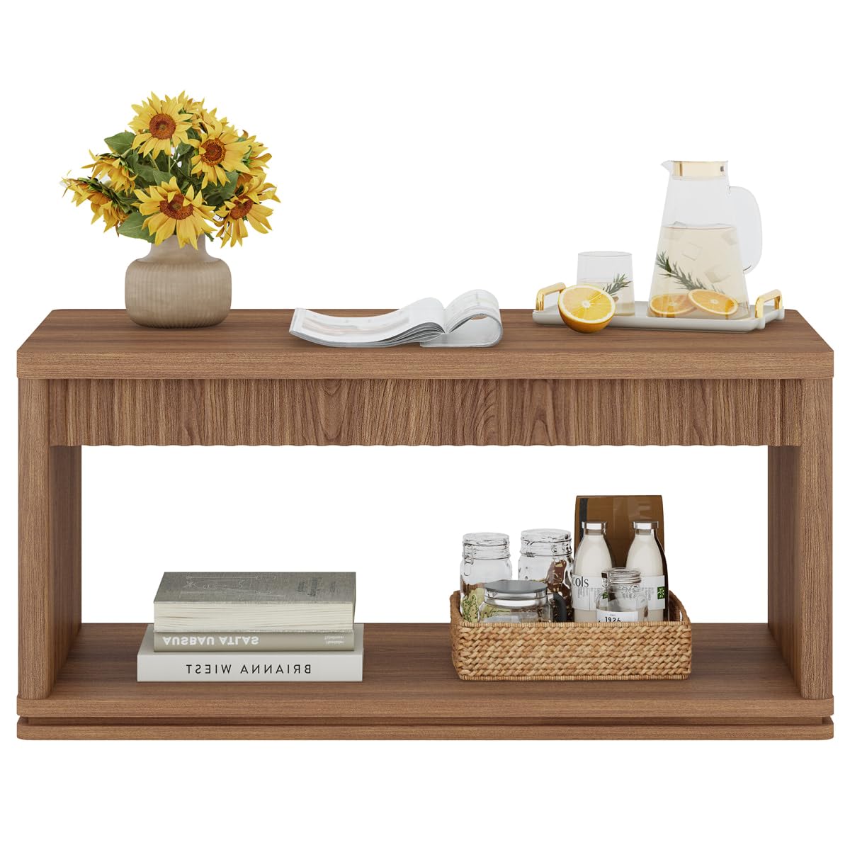 FATORRI Coffee Table with Storage Shelf, 2-Tier Wood Coffee Tables, Farmhouse Rectangular Living Room Center Table with Fluted Panel (Walnut)