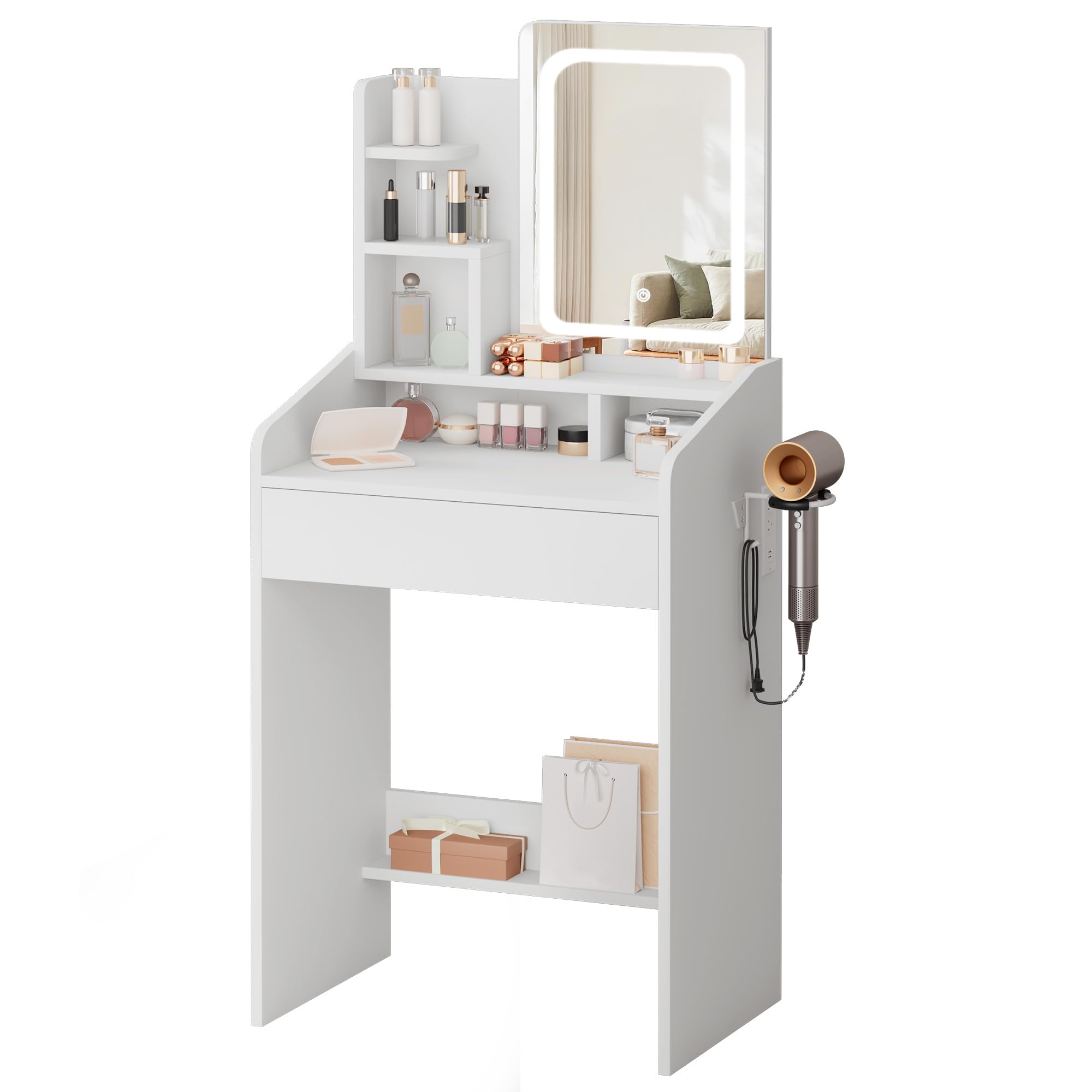 LIVELYGLOW Small Vanity Set with Lighted Mirror & Power Station, 24" Modern White Makeup Desk with Storage Stool, HairDryer Rack, Smart LED 3-Color Lighting, Compact Dressing Vanity for Bedroom