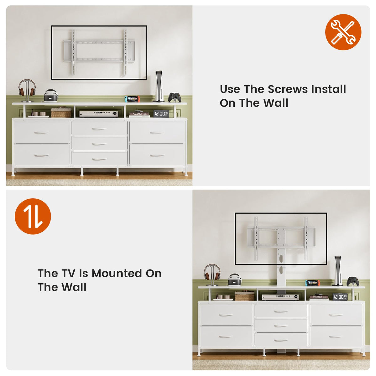 REAHOME 63 Inch 7 Drawers White TV Stand with Mount for 32–75 Inch TVs
