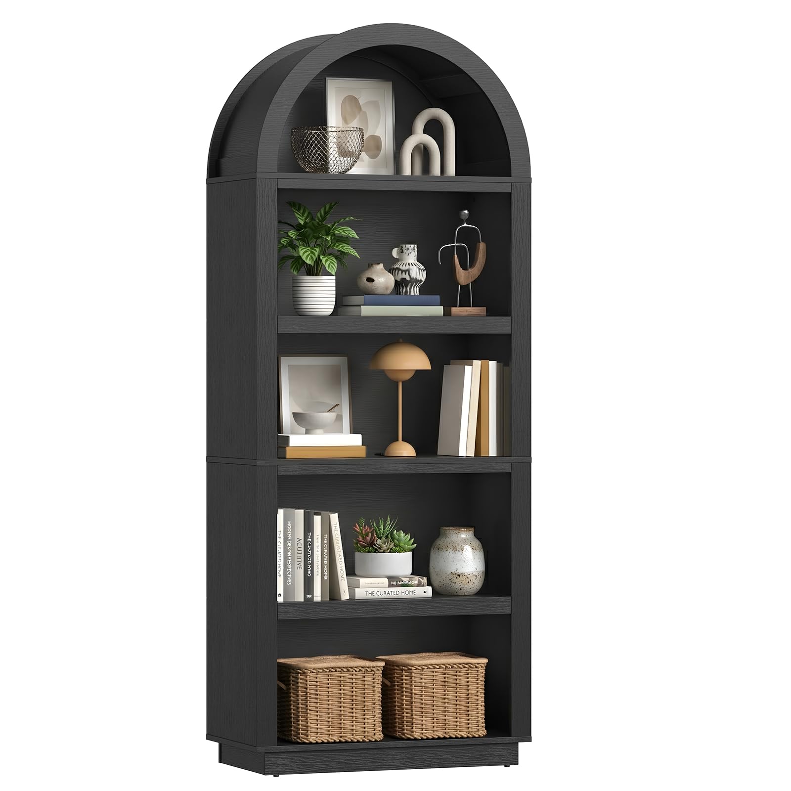 Bestier 76" Tall Arched Bookshelf, 5 Tier Arched Bookcase with Adjustable Book Shelves, Large Arch Wood Bookshelf, Modern Farmhouse Open Display Tall Bookcase for Bedroom, Home Office, Bedroom, Black