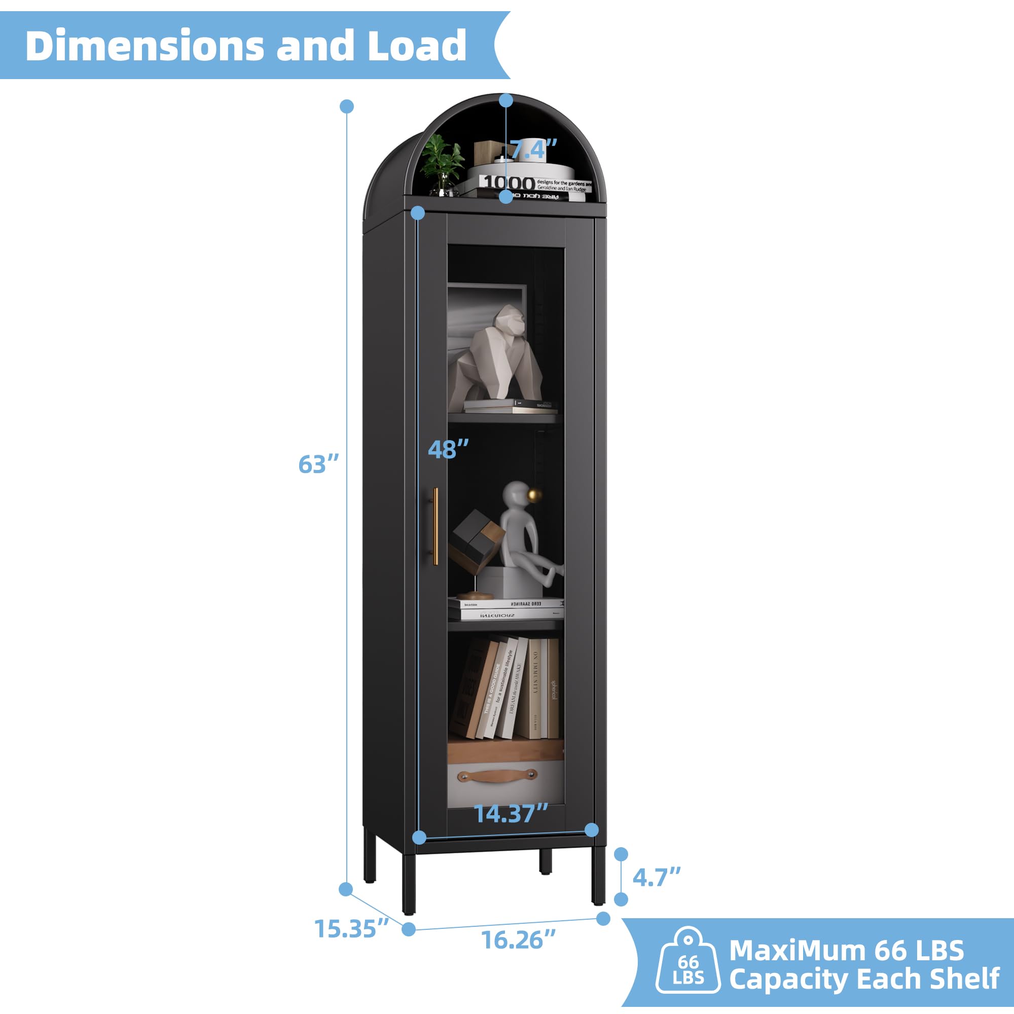 Arched Metal Display Cabinet with Glass Door