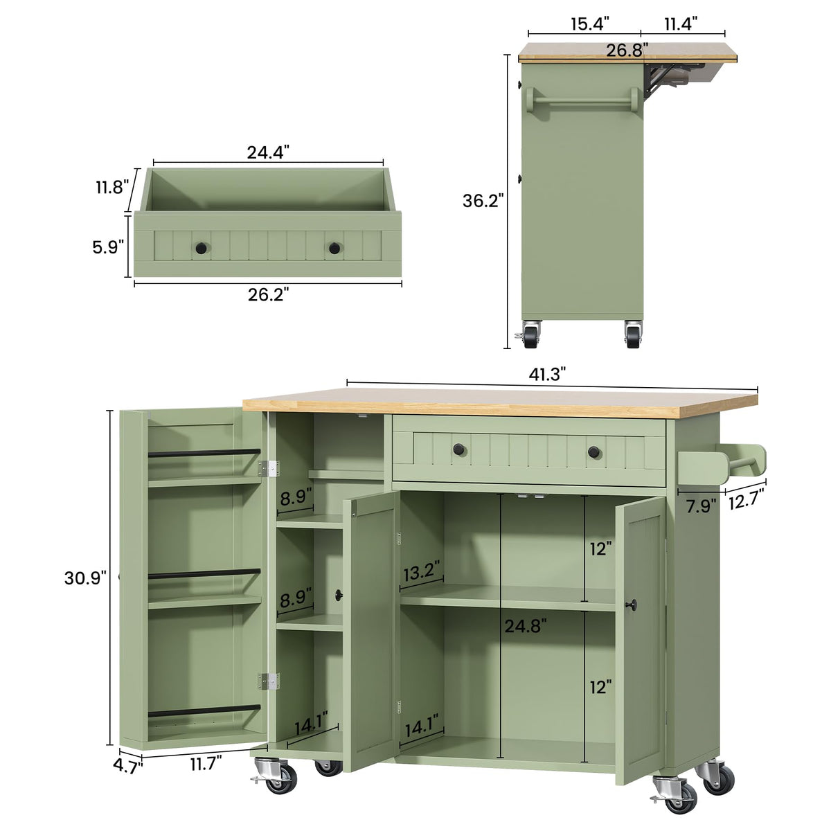 Bigbiglife Kitchen Island with Drop Leaf, Island Table on Wheels with Storage Cabinet, Modern Sideboard Buffet with Doors, Rolling Kitchen Island Cart for Dinning Room,Green