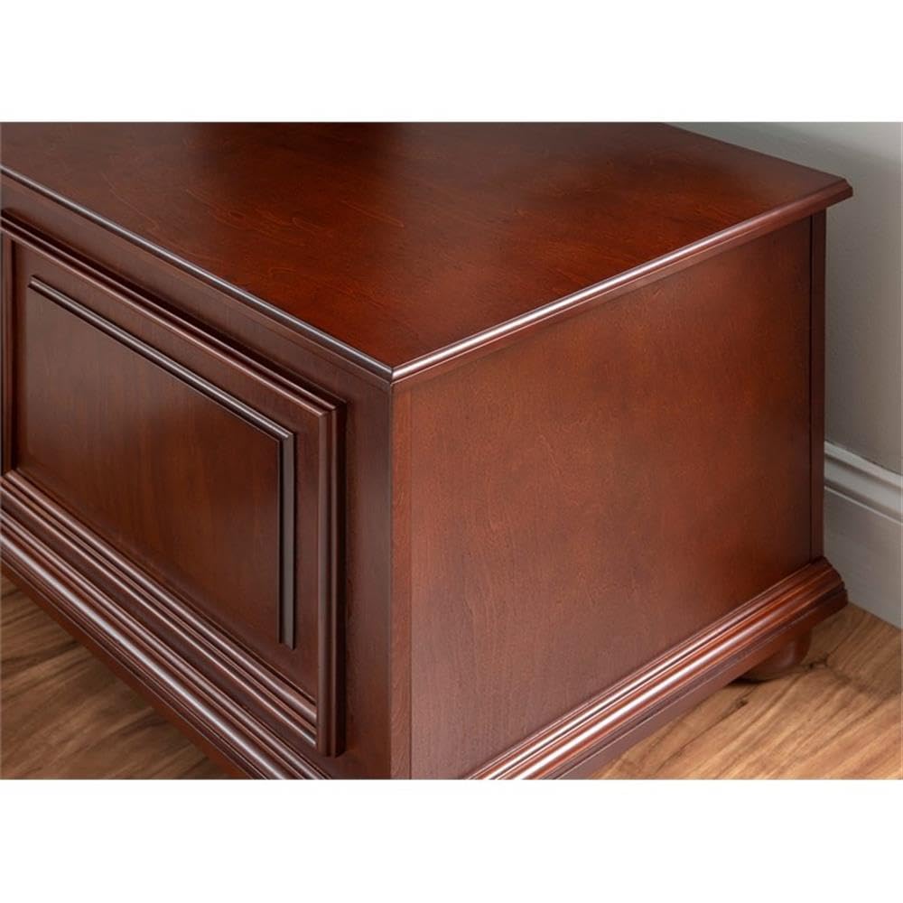 Pemberly Row Contemporary MDF Rubberwood Chest, Cherry Finish, 40.5" w x 16.75" d x 18" h, Decorative Molding, Bun Feet, Lined Storage, Child Safe Hinges, Living Room Accent Furniture
