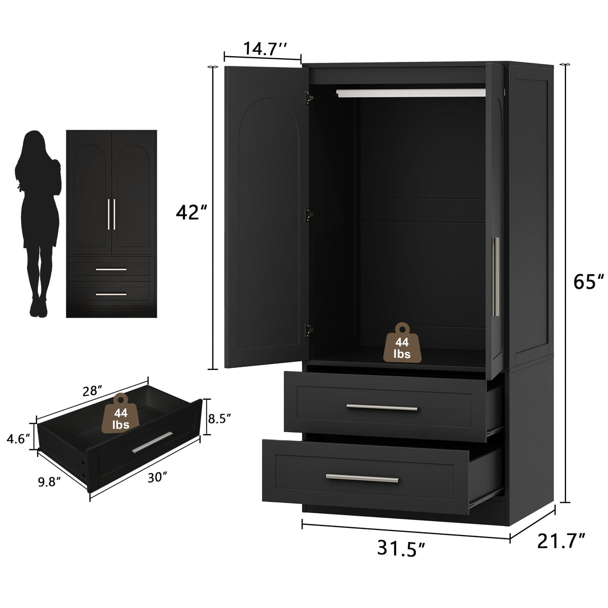 Black Wood Wardrobe with Drawers