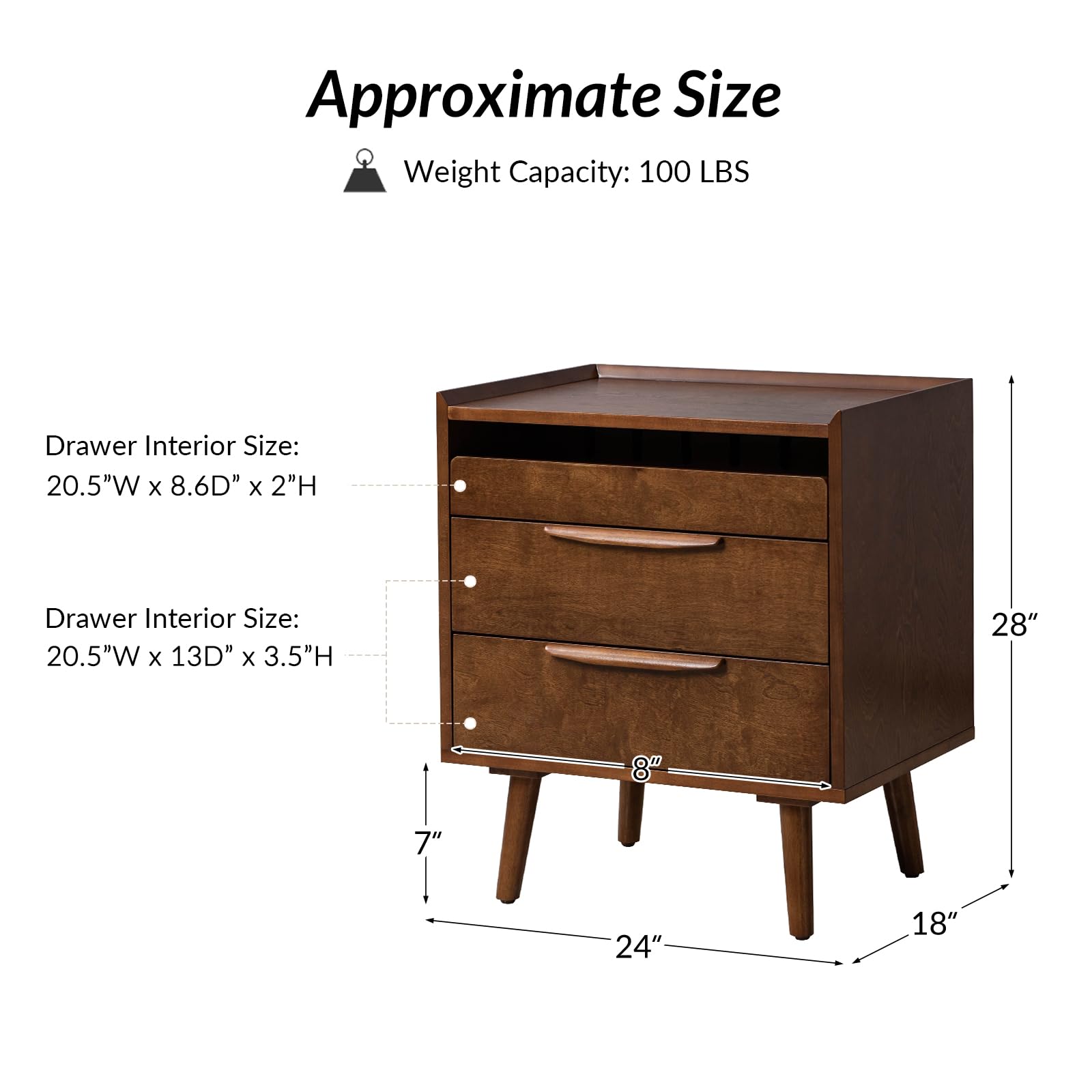 Mid-Century End Table with Charging Station & 3 Drawers