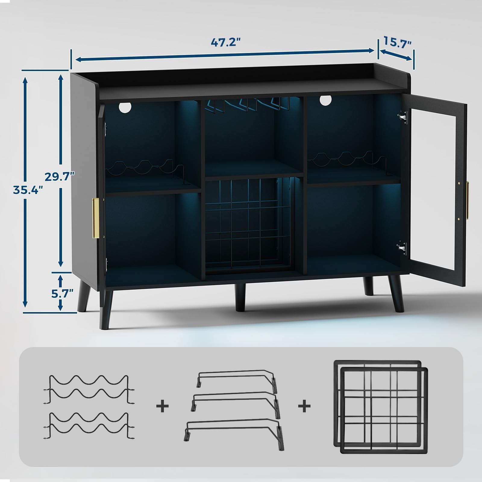 GAOMON Modern Wine Bar Cabinet with LED Lights - Freestanding Coffee & Liquor Storage Cabinet with Glass Holder, Wine Rack, and Doors, 47" Buffet Sideboard for Kitchen Living Dining Rooms, Black