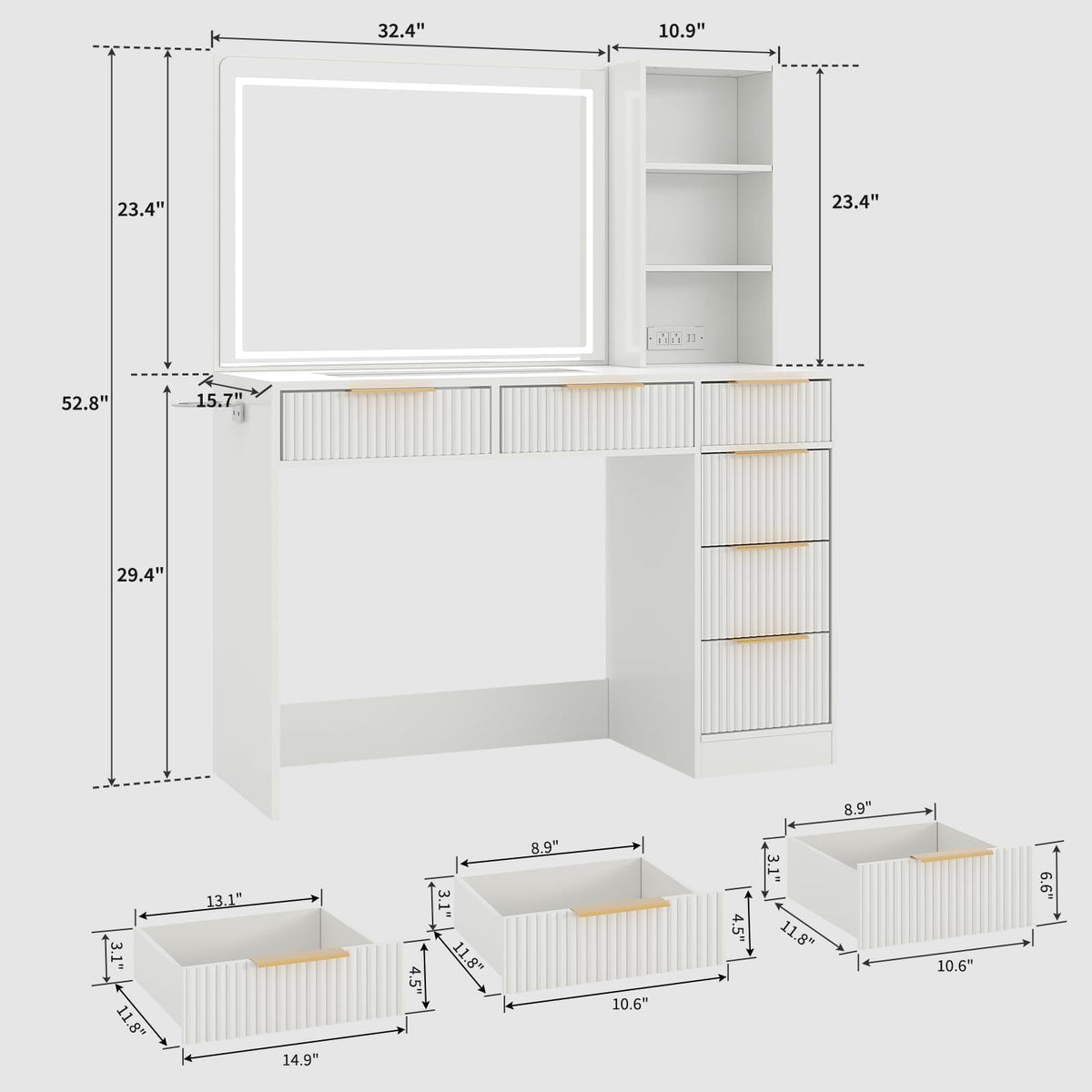 Patikuin 52" Fluted Makeup Vanity Desk with Mirror & Adjustable Lighting, Dressing Table with 6 Drawers, Glass Top, Shelves & Hairdryer Stand for Bedroom, Modern Vanity with Charging Station, White