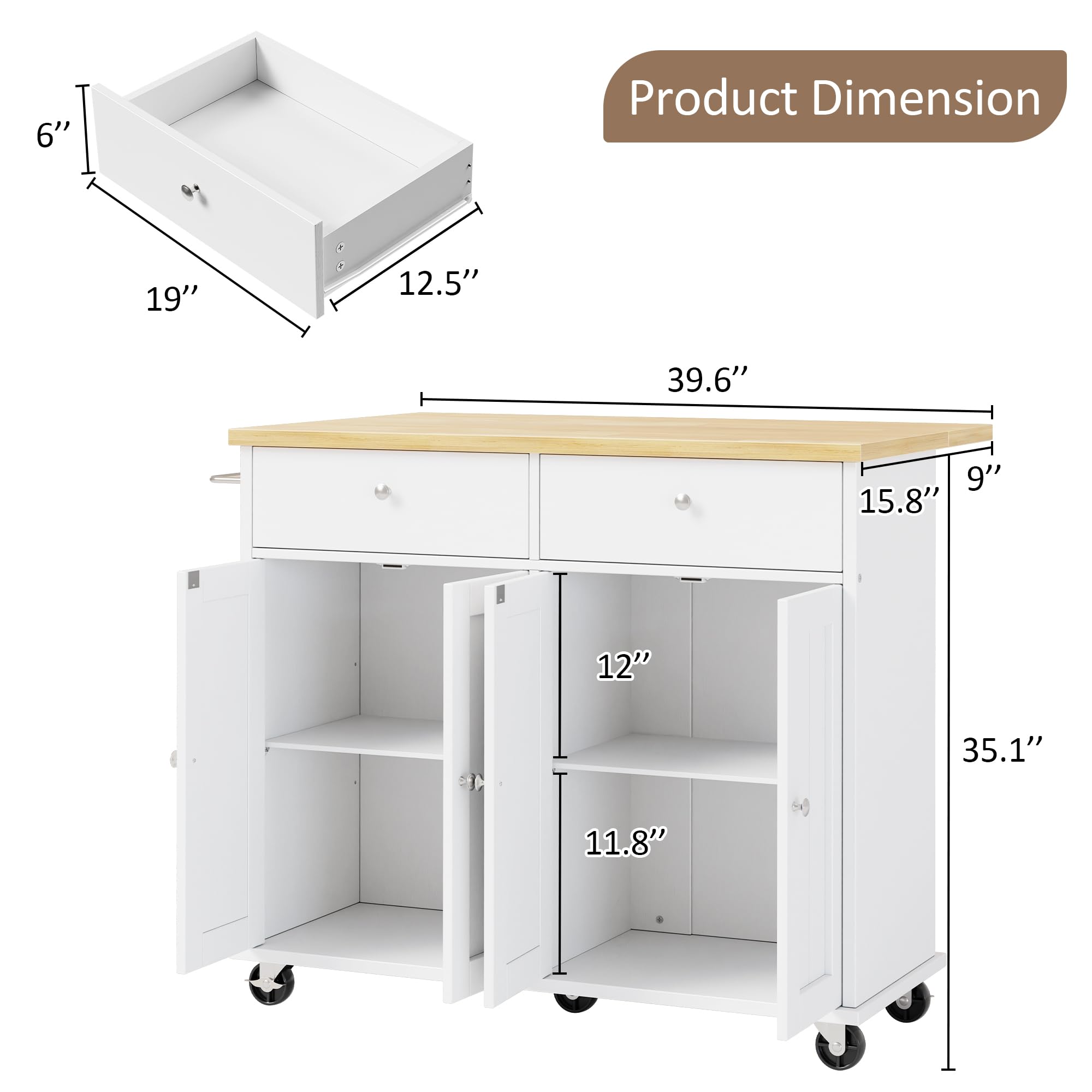 SUNLEI Kitchen Island with Storage, Rolling Kitchen Island Cart with Wheels & Drop Leaf & Towel Rack & 2 Drawers, Portable Island Table for Kitchen, White