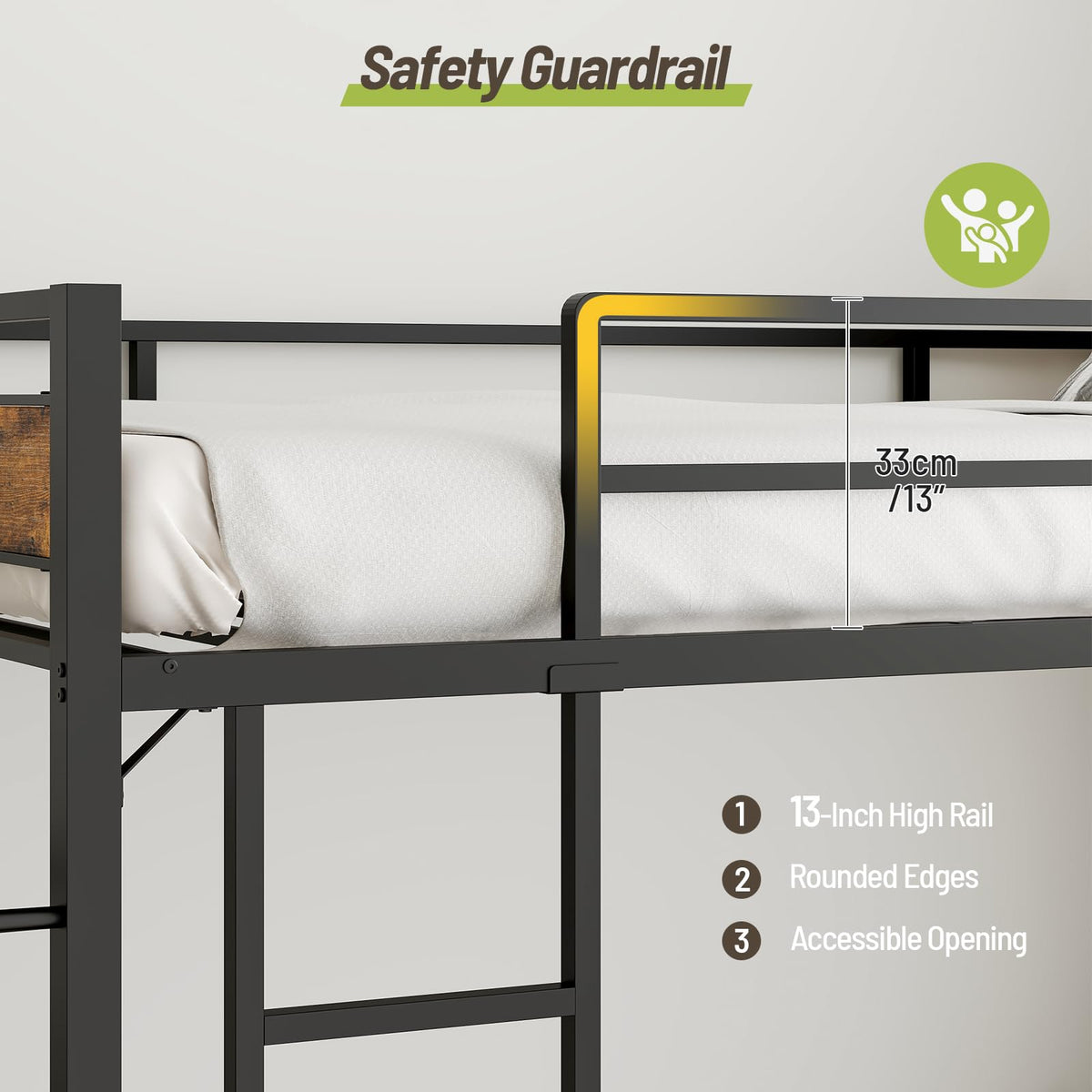 STHYTON Bunk Bed Twin Over Twin with High Guardrail, Metal Bunk Bed