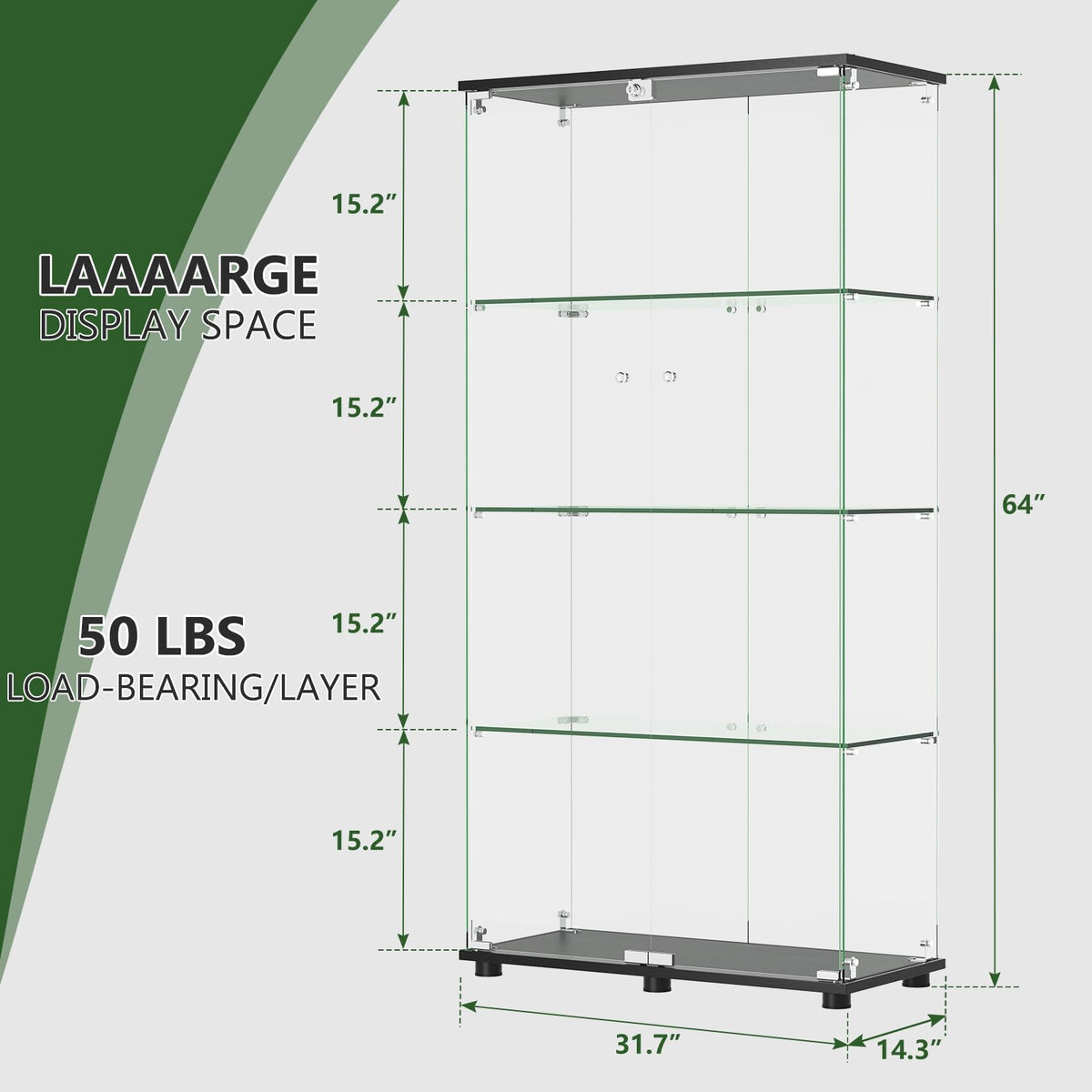 4-Shelf Locking Glass Display Cabinet