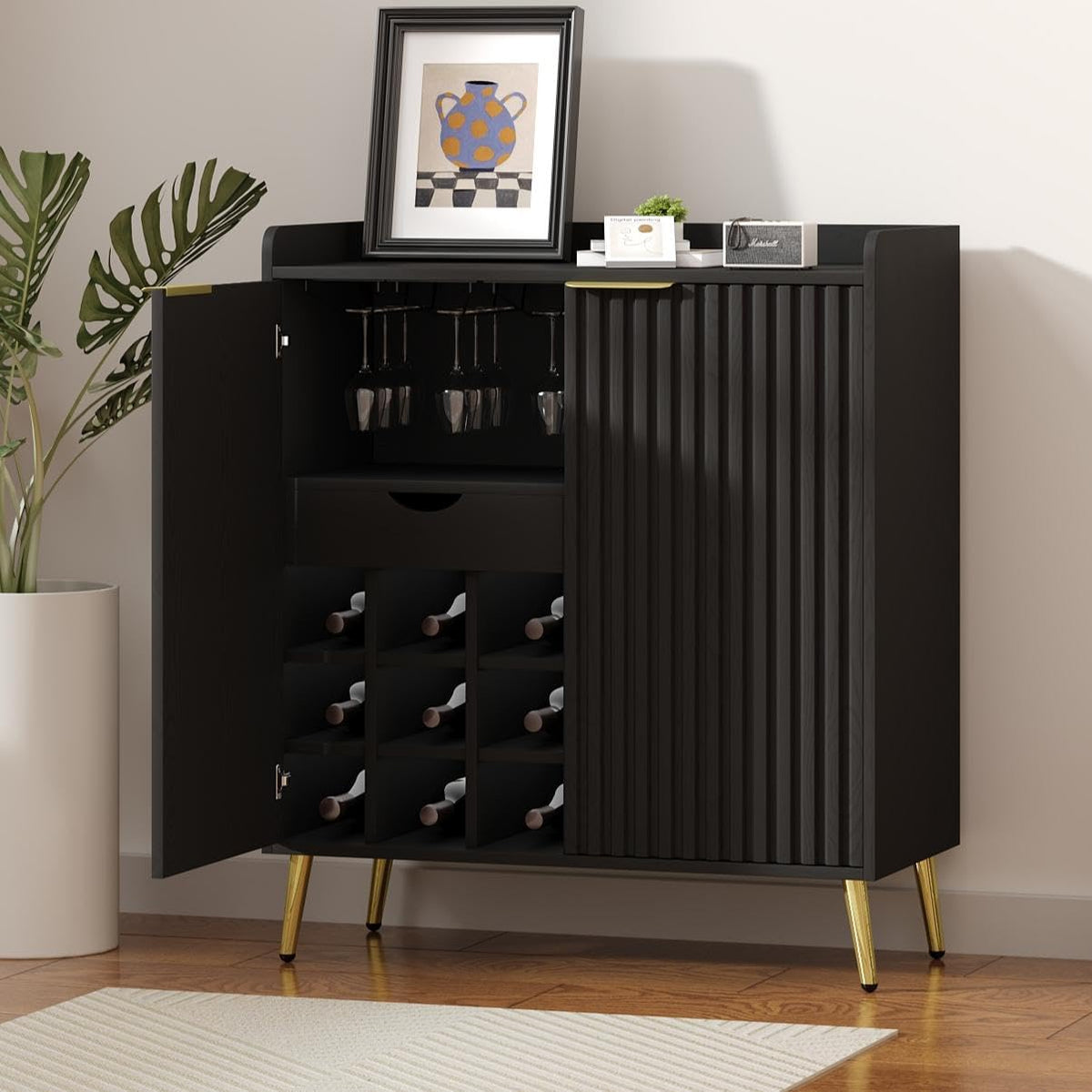 Black Fluted Wine Bar Cabinet
