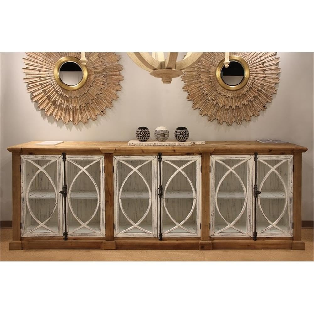 Pemberly Row Solid Wood 6 Door Sideboard, Glass Inserts, Natural Finish, 43" H x 113" W x 20" D, Lockable Doors, Wine Cellar Style Knobs, Buffet Table for Dining Room Storage