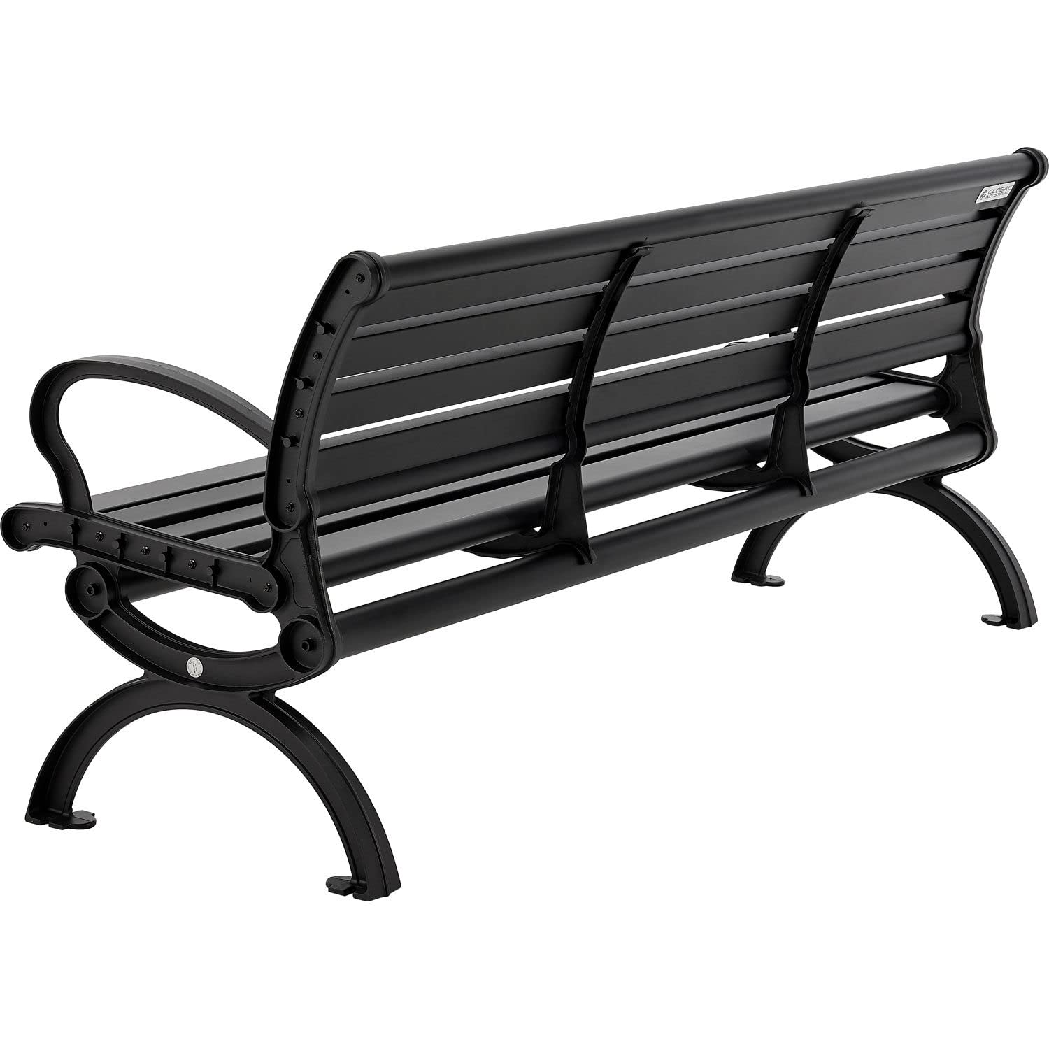 Global Industrial 6'L Outdoor Park Bench with Backrest, Horizontal Slats, Aluminum, 1100 lbs Capacity, Powder Coated Black Finish, Unassembled, Commercial Seating