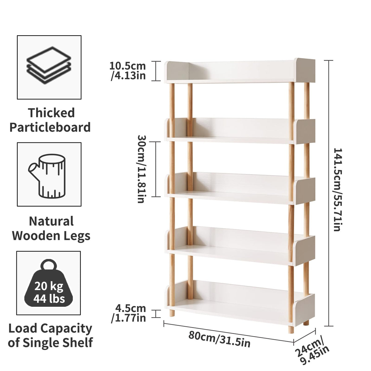 Aibiju Five-Tier Wooden Open Bookshelf - Modern Display Bookshelf for Home and Office Use, with Storage Cabinets, White YD-BC006W