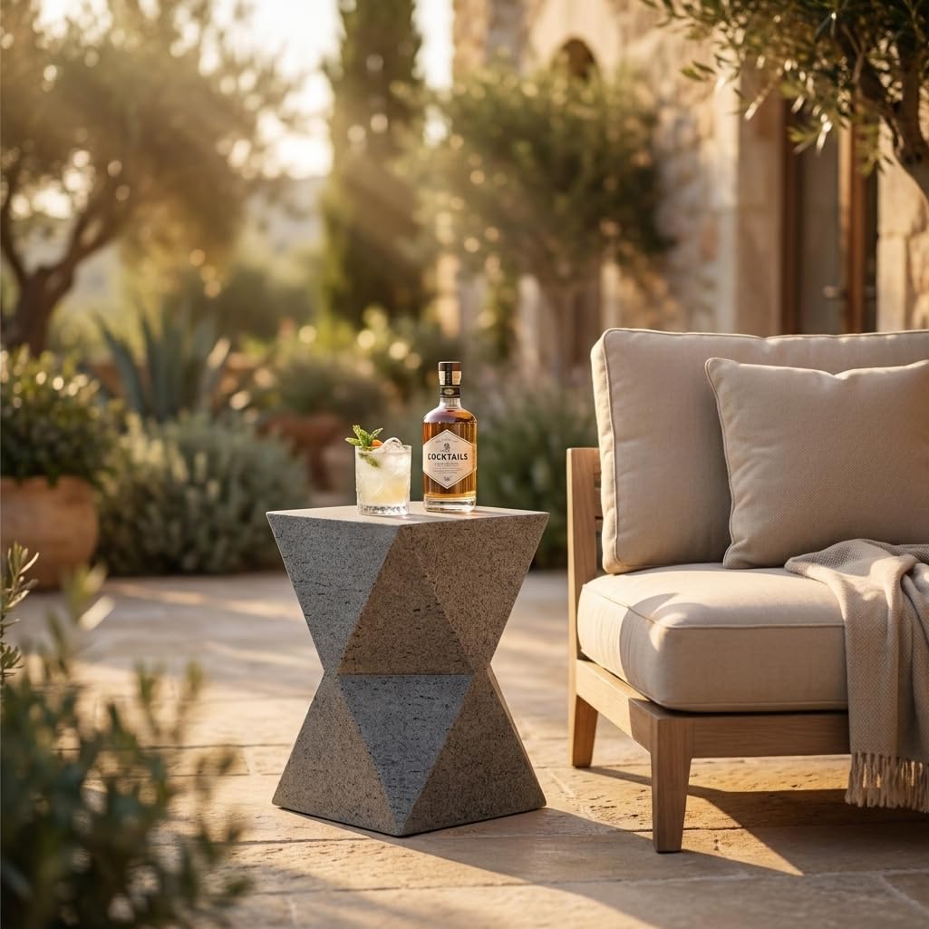 LumeVale 19'' Outdoor Side Table – Lightweight Stone Patio Coffee Stand, Concrete End Table for Backyard, Balcony (Rhombus)
