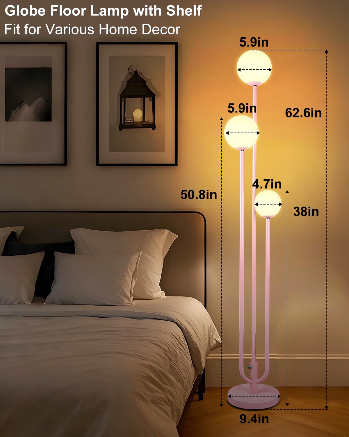 ACOHOOK 63IN 3-Light Dimmable Pink Floor Lamp, Unique Tall Standing Lamps with 3000K G9 Bulbs for Reading, Mid Century Modern Floor Lamp with 5Lbs Heavy Base for Living Room Bedroom Office