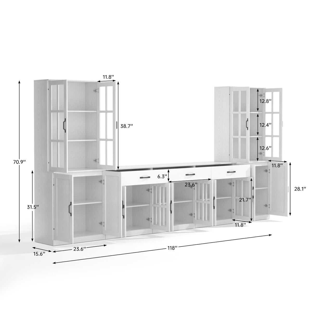 VOWNER 118" W TV Stand for TVs up to 75", Entertainment Center with Bookcases & Drawers, 5PCS Media Console with Glass Doors, Tall Media Center for Living Room (White, EHHHE)