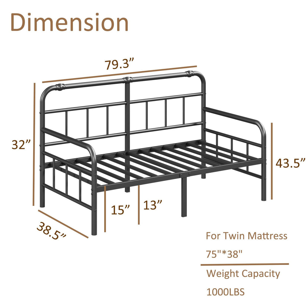 Hazena Daybed-Metal-Twin-Size-Bed-Frame - with Headboard, Heavy Duty Steel Slats Support for Bedroom Guest Room, No Box Spring Needed,Easy Assembly, Black
