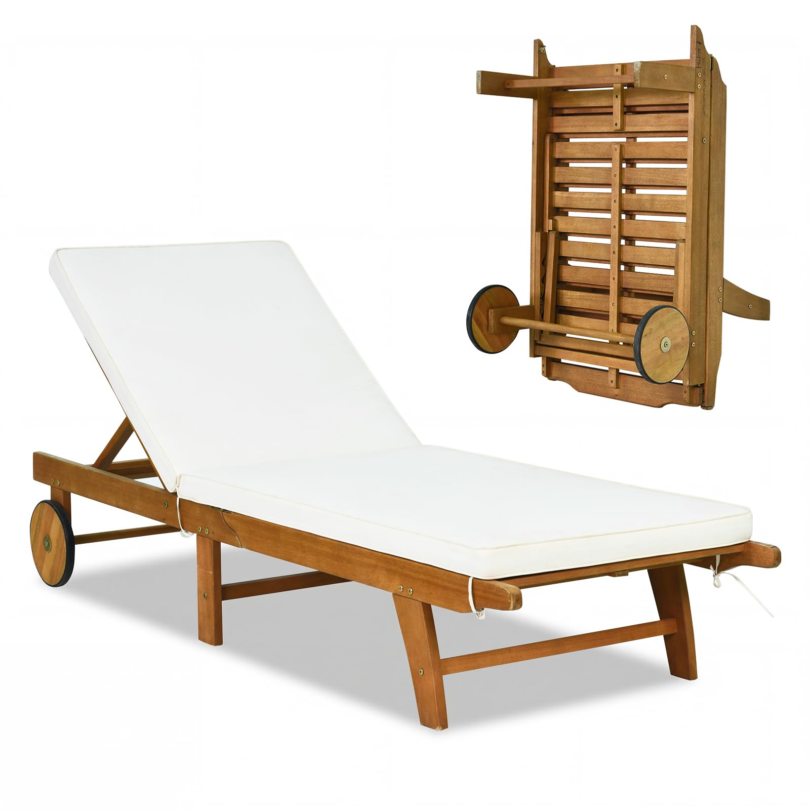 Tangkula Folding Lounge Chair Outdoor, Patio Eucalyptus Wood Chaise Lounge with 5-Level Adjustable Backrest & Cushions, Portable Beach Pool Sunbathing Recliner with Wheels for Outside (1,Off White)