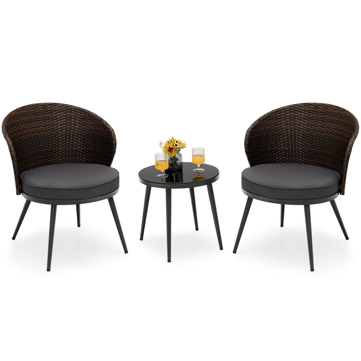 Tangkula 3 Piece Patio Rattan Bistro Set, Outdoor Wicker Conversation Set W/ 2 Seat Cushions, Tempered Glass Tabletop, Adjustable Footpads, Suitable for Indoor, Backyard, Poolside (Gray)