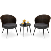 Tangkula 3 Piece Patio Rattan Bistro Set, Outdoor Wicker Conversation Set W/ 2 Seat Cushions, Tempered Glass Tabletop, Adjustable Footpads, Suitable for Indoor, Backyard, Poolside (Gray)