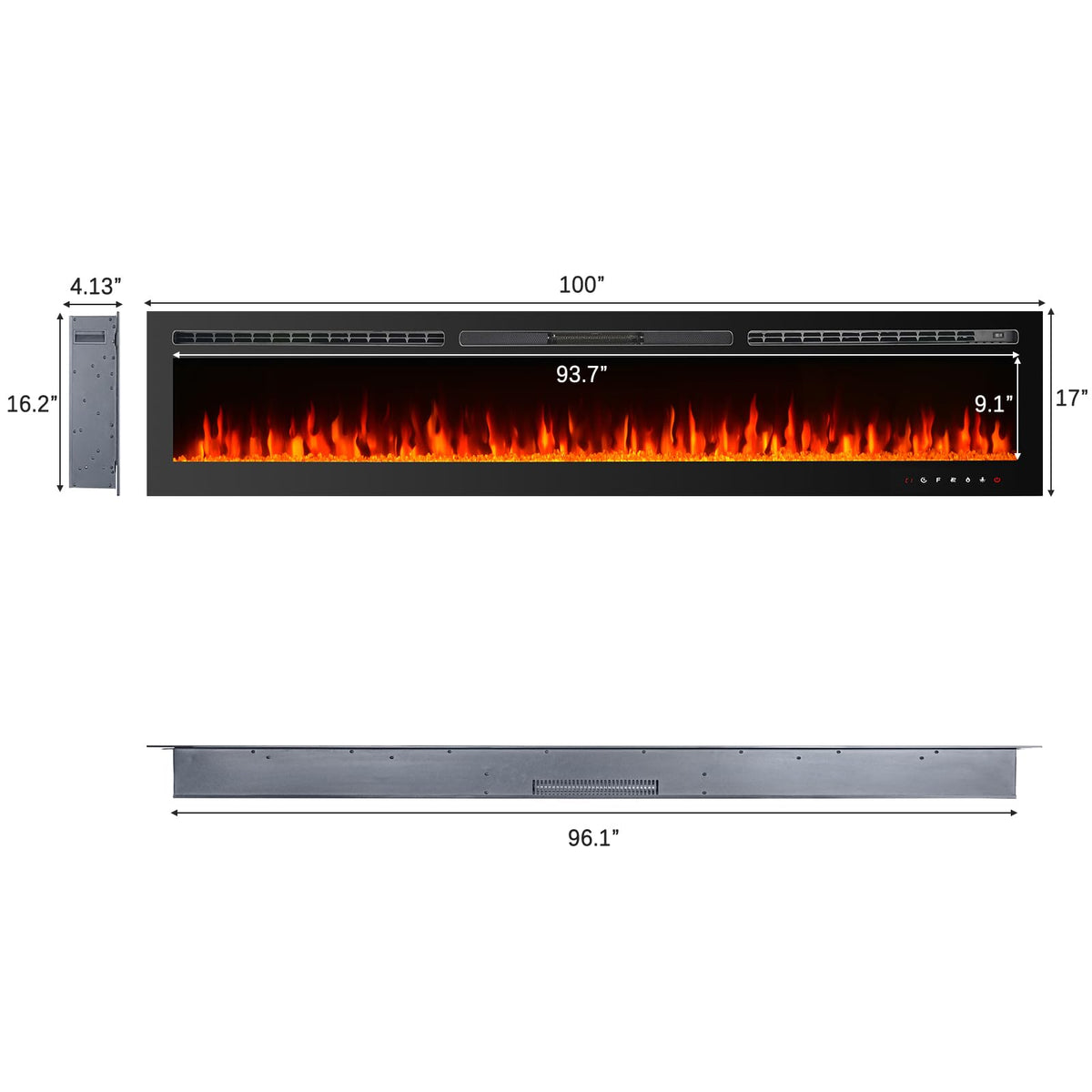 CharaVector 100 inch 750W/1500W Electric Fireplace Inserts with Remote Control in Wall Mounted, Energy Saving LED Insert Fireplace Heater Indoor Glass View with Remote Control & Touch Screen, Black